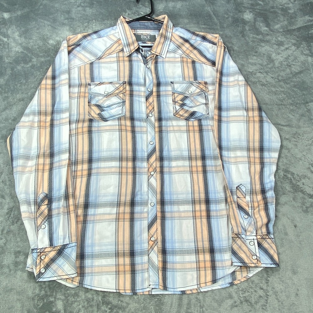 BKE Athletic Fit Shirt Mens 2XL Blue Plaid Long Sleeve Western Pearl Snap Twill